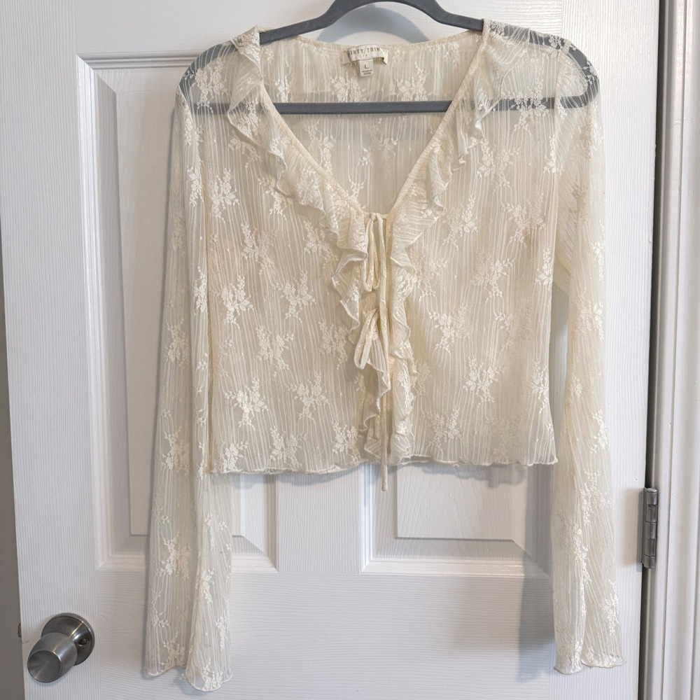 Lace Ruffle Tie Front Top Women's Size L Cream Sheer Boho Victorian Blouse